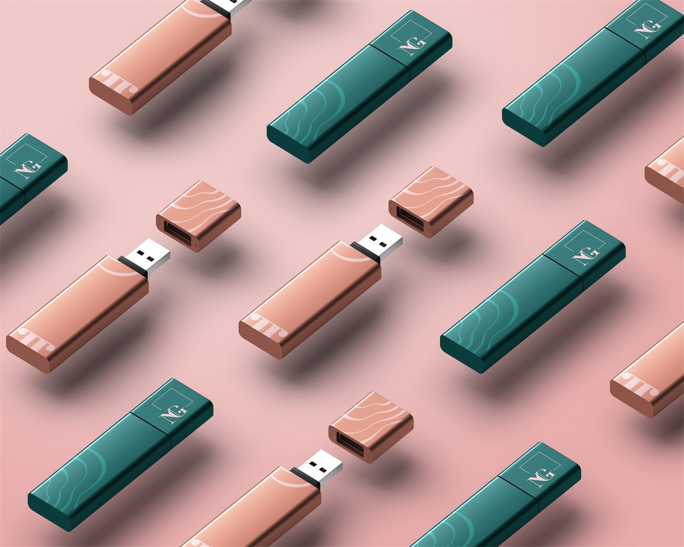 Pendrives verdes e rosa com a padronagem de ondas e o monograma NG, enfileirados sobre fundo rosa
