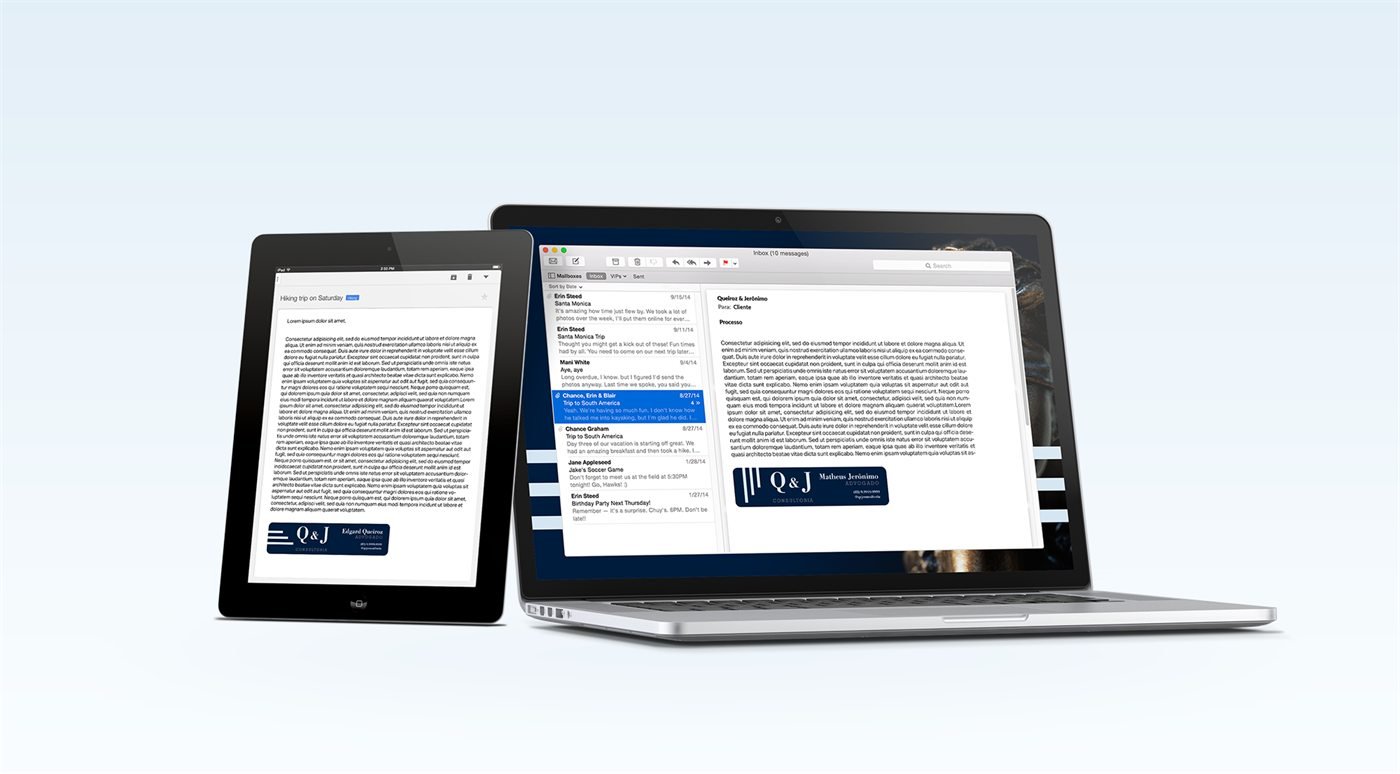 Tablet e notebook exibem um e-mail com a assinatura da Q&J