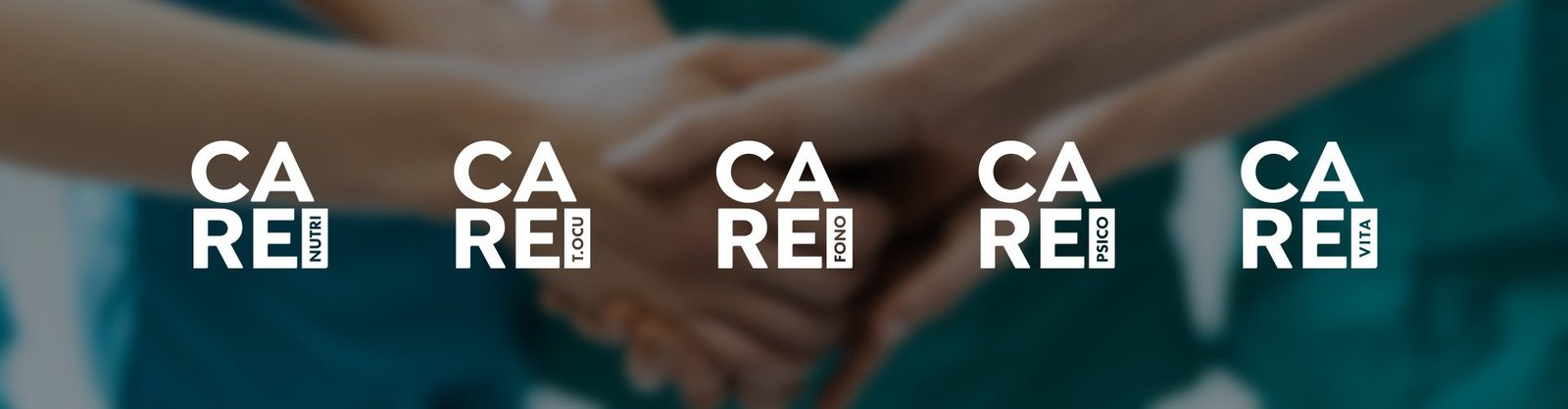 Cinco assinaturas do sistema CARE em branco — Nutri, T.Ocu, Fono, Psico e Vita — sobre mãos dadas em fundo verde-azulado