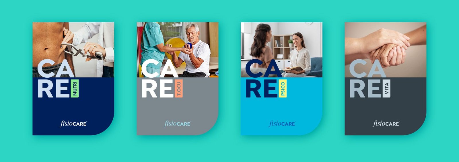 Quatro cartões das especialidades CARE — Nutri, T.Ocu, Psico e Vita —, cada um com foto e cor própria, sobre fundo turquesa