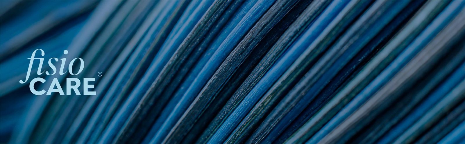 Assinatura Fisio CARE em azul-claro sobre feixes de fibras azuis em diagonal