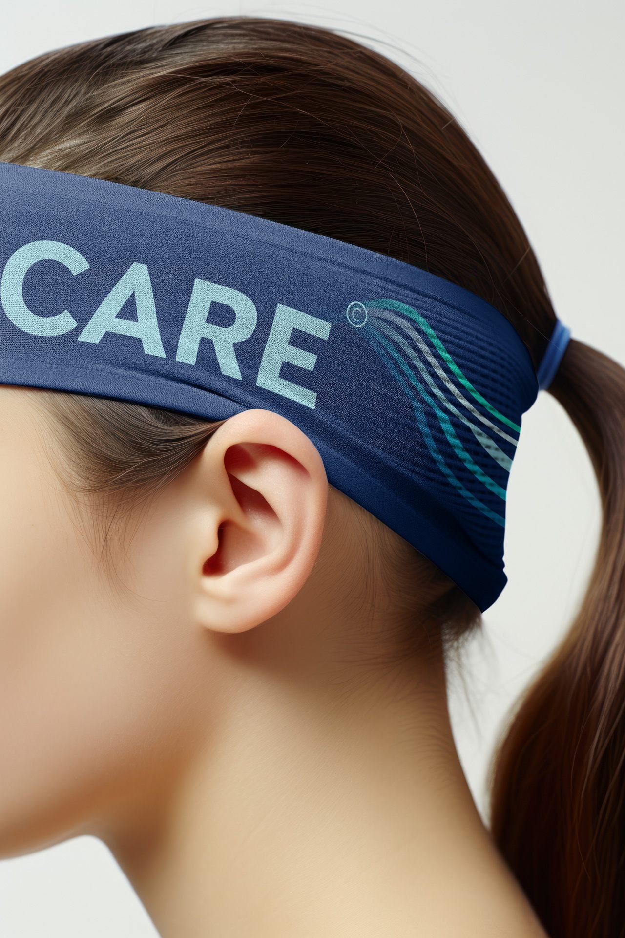 Mulher de perfil usa uma faixa de cabeça em jeans com a palavra CARE e as linhas da marca