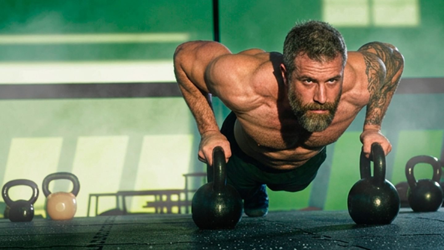 Atleta faz flexão apoiado em dois kettlebells, com o grafismo verde da Kongo ao fundo