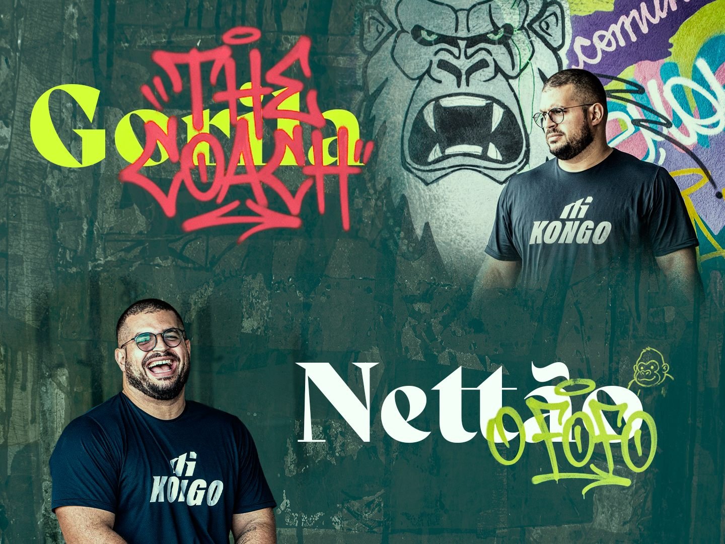 Nettão em dois retratos sobre o muro com o gorila grafitado, com as palavras Gorila, The Coach e O Fofo
