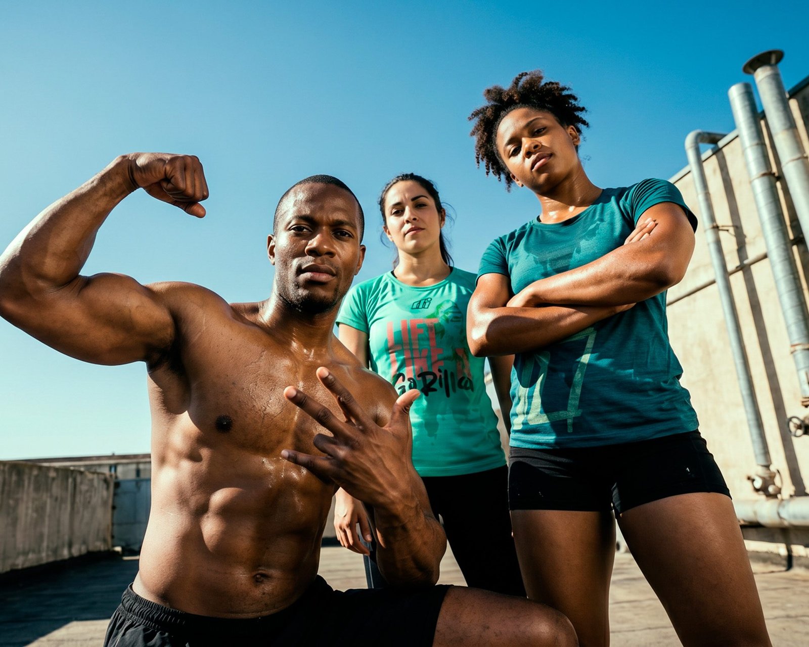 Três atletas posam num terraço depois do treino, com camisetas da Kongo