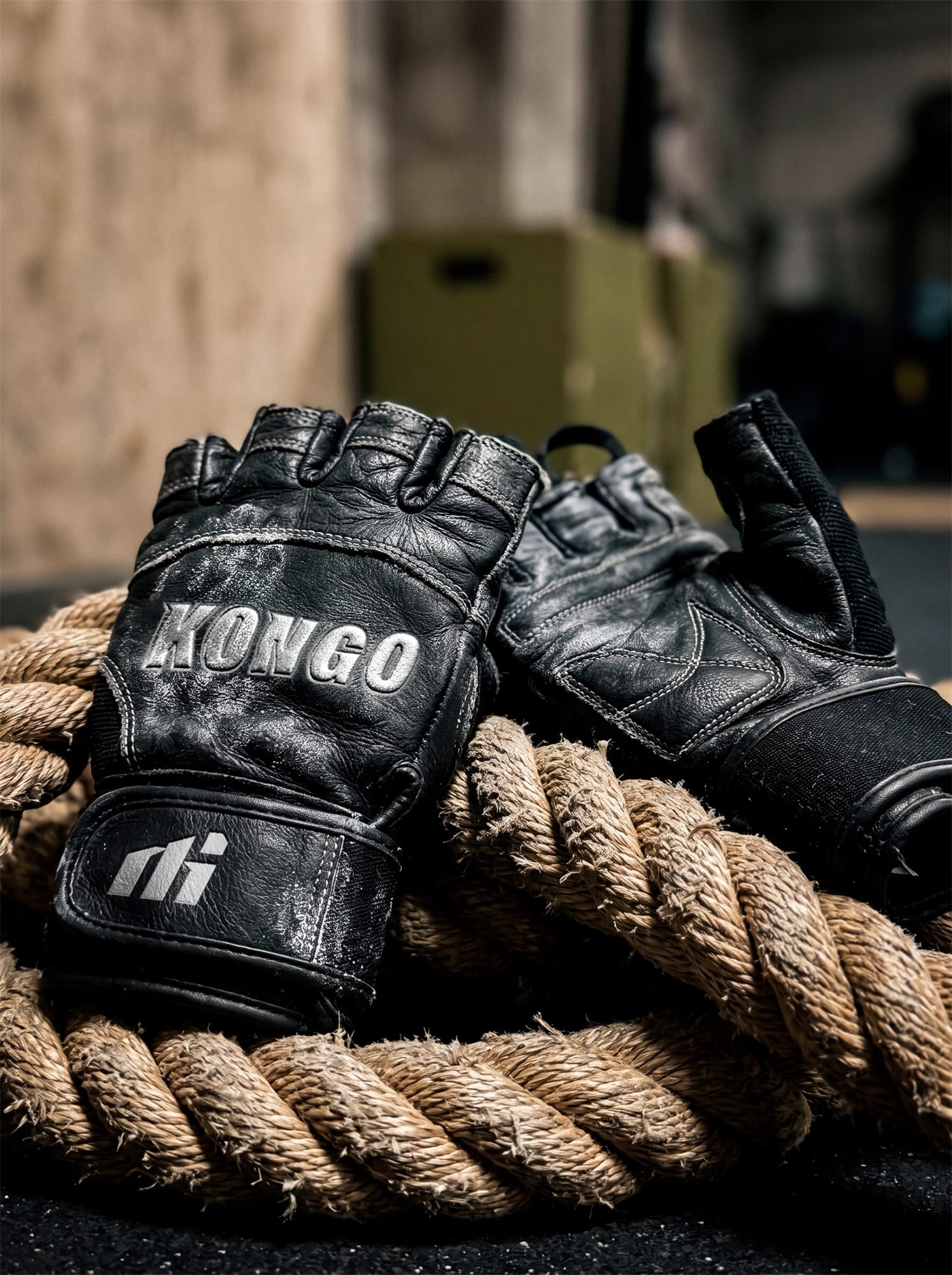 Luvas de treino da Kongo apoiadas sobre uma corda grossa
