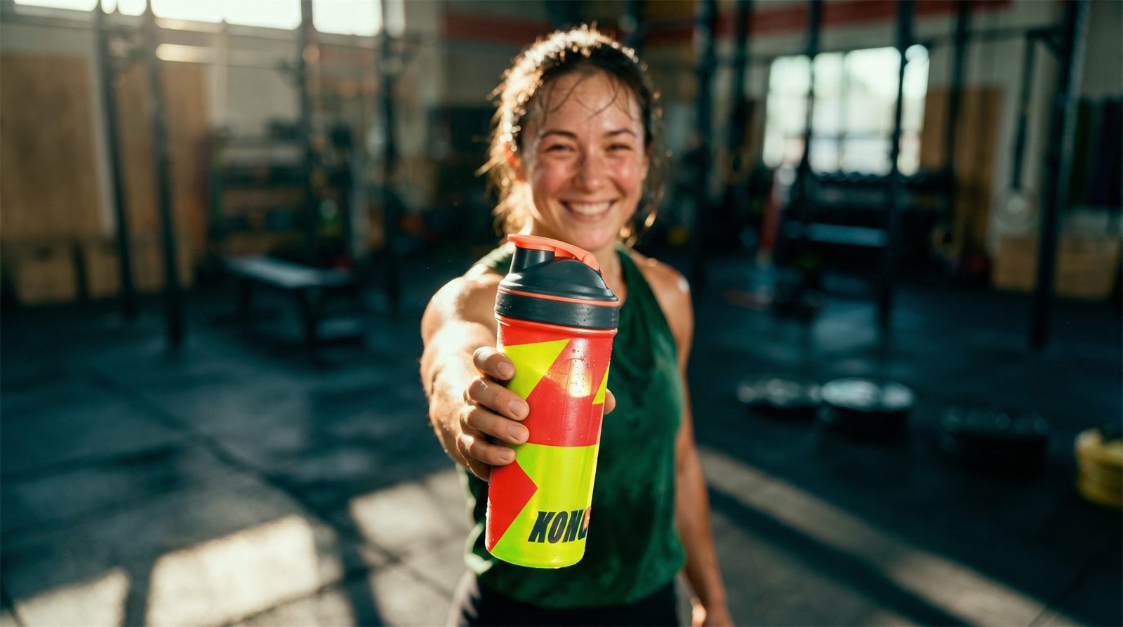 Atleta sorridente estende a coqueteleira colorida da Kongo no box